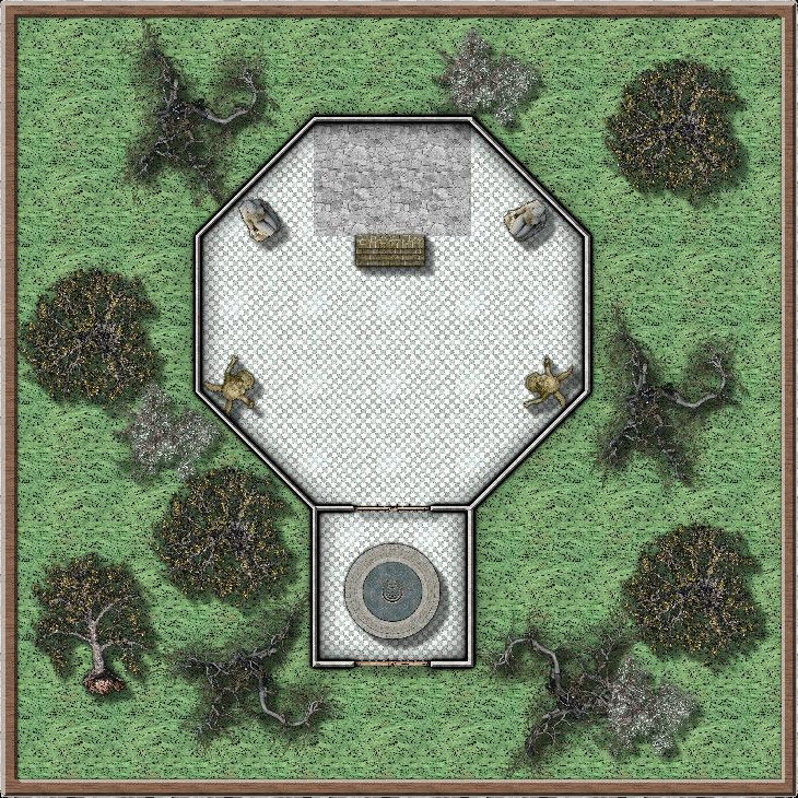 A battle map of a small temple in the woods known as the Shrine of the Cherub.